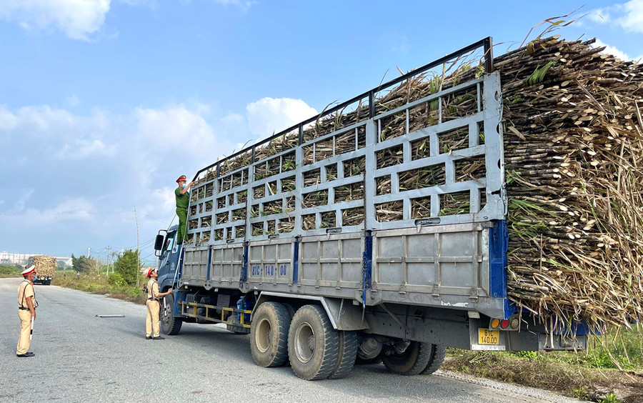 Lực lượng Cảnh sát Giao thông Công an thị xã An Khê kiểm tra kích thước thành thùng xe chở mía. Ảnh: Minh Triều