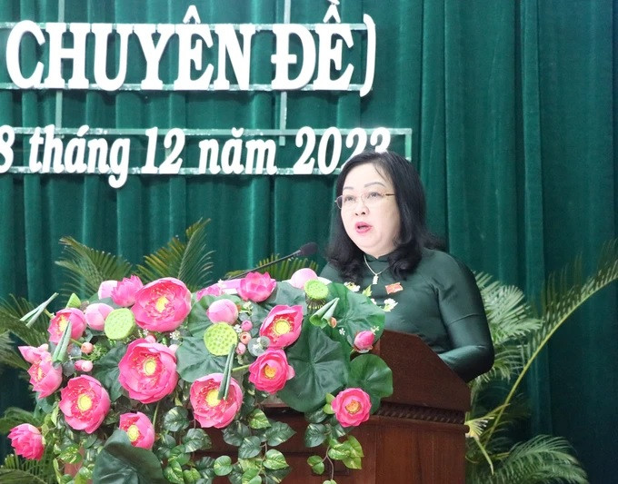 Bà Cao Thị Hòa An, Chủ tịch HĐND tỉnh Phú Yên thông tin tại kỳ họp chuyên đề. Ảnh: PHƯƠNG ĐÔNG