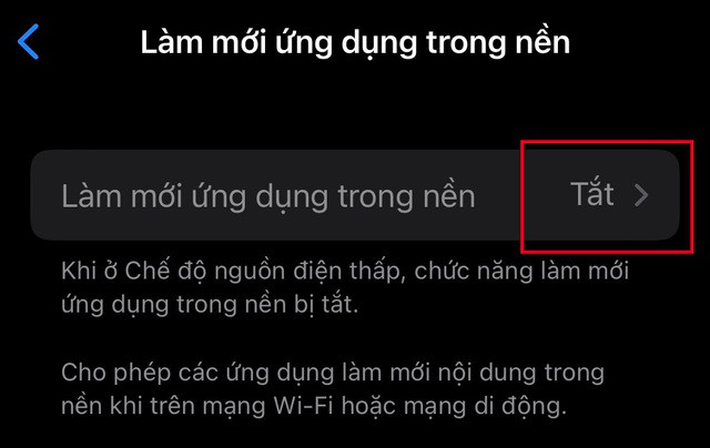 Cài đặt > cài đặt chung > Làm mới ứng dụng trong nền -> chuyển chế độ tắt Cài đặt > cài đặt chung > Làm mới ứng dụng trong nền -> chuyển chế độ tắt