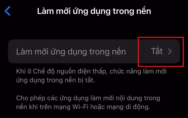 Cài đặt > cài đặt chung > Làm mới ứng dụng trong nền -> chuyển chế độ tắt Cài đặt > cài đặt chung > Làm mới ứng dụng trong nền -> chuyển chế độ tắt