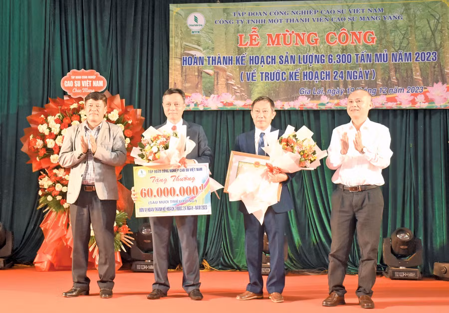 Đại diện lãnh đạo Tập đoàn Công nghiệp Cao su Việt Nam và huyện Đak Đoa trao thưởng cho đại diện lãnh đạo Công ty. Ảnh: Đ.Y