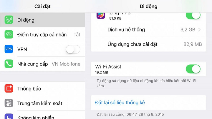Cài đặt &gt; Di động &gt; tắt tùy chọn Wi-Fi Assist.