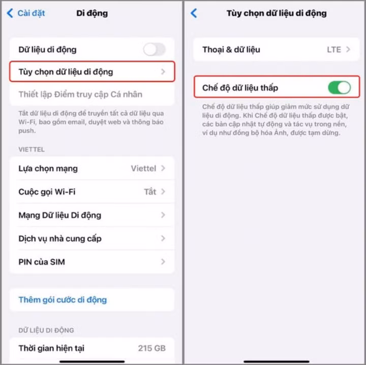 Cài đặt > Di động > Tùy chọn dữ liệu di động > Chế độ dữ liệu thấp.