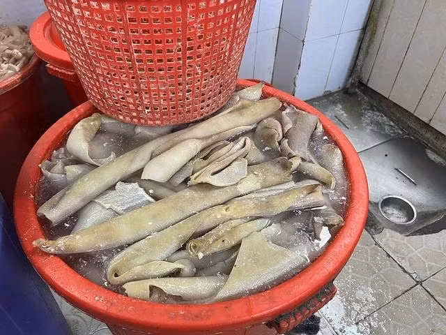 Cận cảnh một thùng nhựa ngâm da heo trong cơ sở chế biến của hộ kinh doanh H.V.V