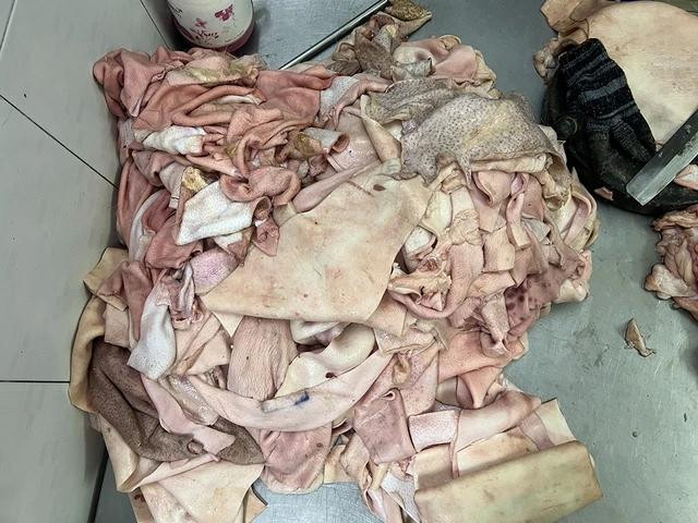 Da heo đã chuyển màu, biến sắc lẫn lộn trong đống da heo đang được chế biến