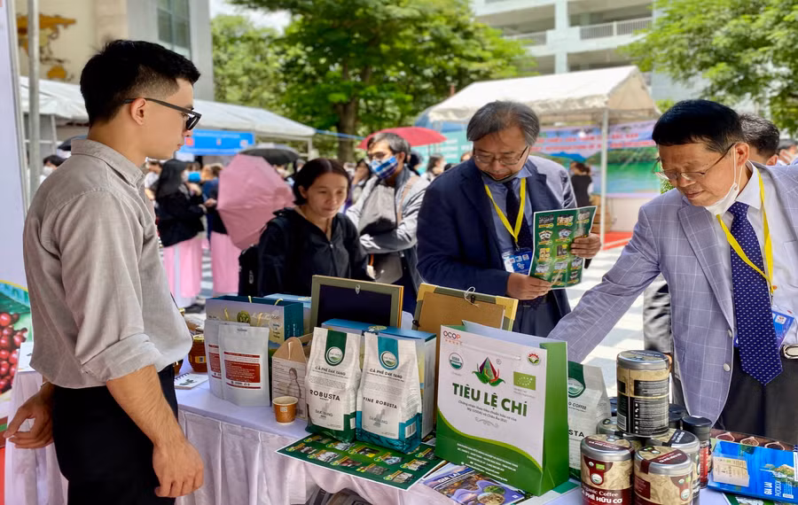 Các sản phẩm của HTX Nông nghiệp và dịch vụ Nam Yang (huyện Đak Đoa) được trưng bày tại TP. Hồ Chí Minh. Ảnh: Hà Duy