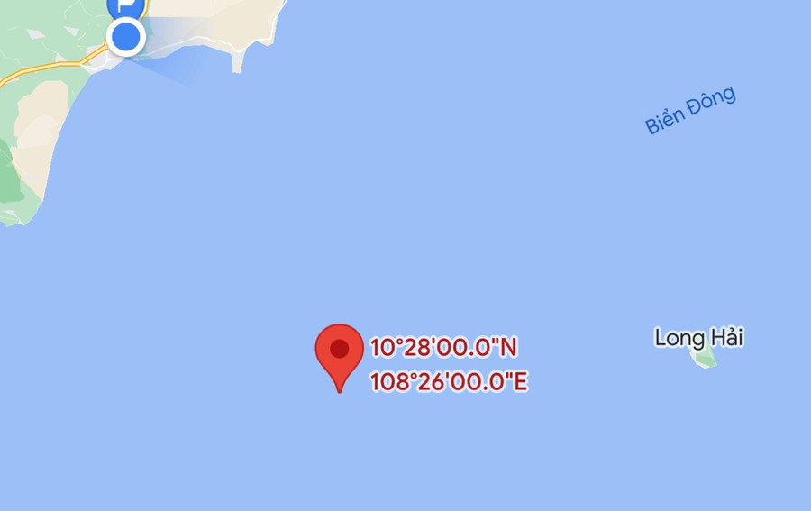 Vị trí tàu Tuấn Tú 09 chìm cách đảo Phú Quý khoảng 29 hải lý. Ảnh: Google Maps Vị trí tàu Tuấn Tú 09 chìm cách đảo Phú Quý khoảng 29 hải lý. Ảnh: Google Maps