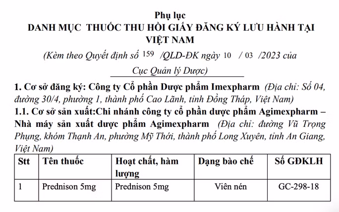 Thông báo thu hồi giấy đăng ký lưu hành đối với thuốc Prednison 5mg