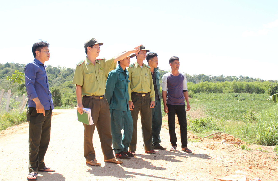 Lực lượng kiểm lâm hướng dẫn các hộ dân kiểm tra diện tích rừng được giao. Ảnh: Nguyễn Diệp