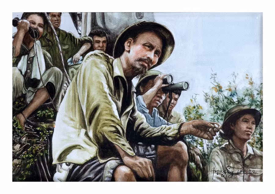 Chủ tịch Hồ Chí Minh trên đài quan sát trận đánh mở màn của bộ đội ở Đông Khê trong Chiến dịch Biên giới (1950).