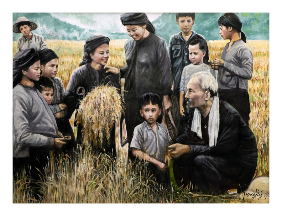 Bác Hồ thăm đồng bào dân tộc thiểu số trong mùa gặt lúa trong tranh vẽ của họa sỹ Đào Trọng Lý. Bác Hồ thăm đồng bào dân tộc thiểu số trong mùa gặt lúa trong tranh vẽ của họa sỹ Đào Trọng Lý.
