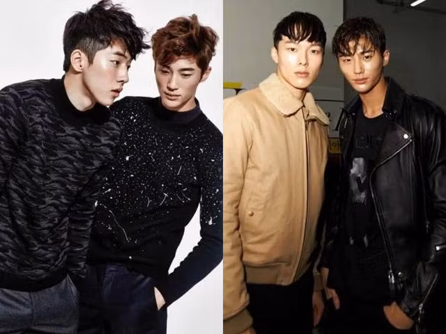 Byeon Woo Seok (đứng bên phải) bên cạnh Nam Joo Hyun (ảnh trái) và Jang Ki Yong (ảnh phải) lúc hoạt động trong làng mẫu