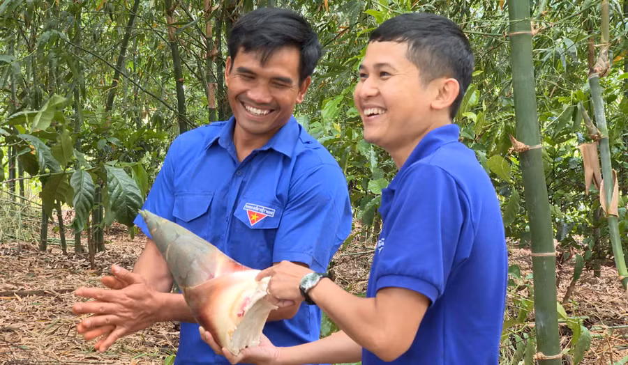 Anh Tý (bên trái) có thu nhập 200-250 triệu đồng/năm từ trồng trọt và chăn nuôi. Ảnh: N.H Anh Tý (bên trái) có thu nhập 200-250 triệu đồng/năm từ trồng trọt và chăn nuôi. Ảnh: N.H