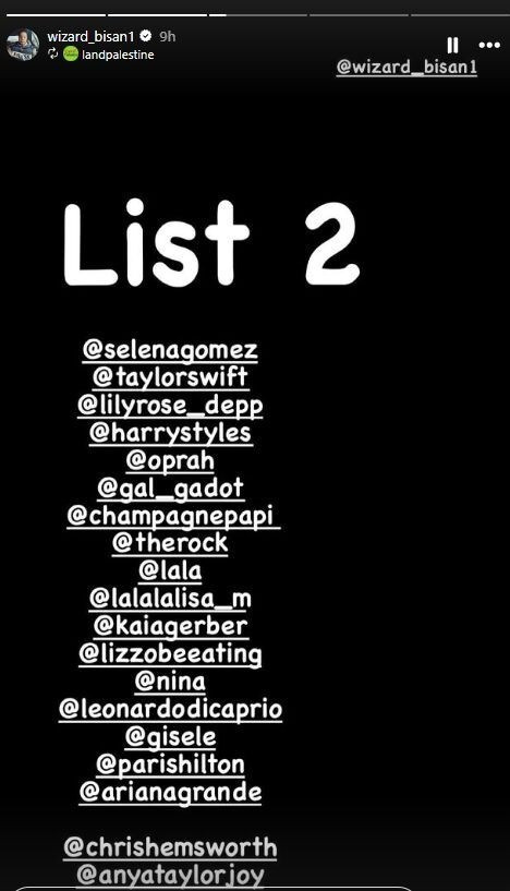 Bisan Owda kêu gọi chặn tài khoản của nhiều ngôi sao giải trí, bao gồm BlackPink và BTS. Bisan Owda kêu gọi chặn tài khoản của nhiều ngôi sao giải trí, bao gồm BlackPink và BTS.