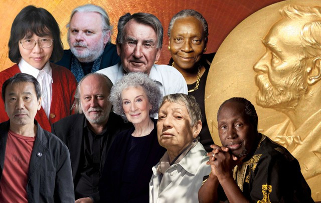 Từ trái sang, hàng trên: Tàn Tuyết, Jon Fosse, Gerald Murnane, Maryse Condé; hàng dưới: Haruki Murakami, László Krasznahorkai, Margaret Atwood, Ludmila Ulitskaya, Ngũgĩ wa Thiong’o. Ảnh: Tư liệu