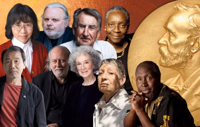 Từ trái sang, hàng trên: Tàn Tuyết, Jon Fosse, Gerald Murnane, Maryse Condé; hàng dưới: Haruki Murakami, László Krasznahorkai, Margaret Atwood, Ludmila Ulitskaya, Ngũgĩ wa Thiong’o. Ảnh: Tư liệu
