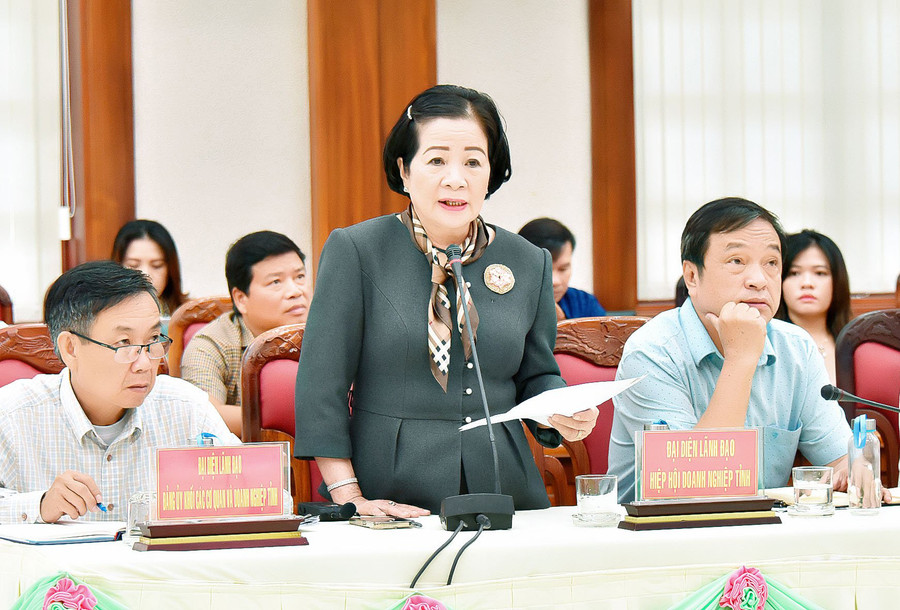 Bà Nguyễn Thị Sen-Chủ tịch Hiệp hội Doanh nghiệp tỉnh nêu những khó khăn vướng mắc của các doanh nghiệp chế biến nông sản và chủ đầu tư dự án điện gió. Ảnh: Đức Thụy Bà Nguyễn Thị Sen-Chủ tịch Hiệp hội Doanh nghiệp tỉnh nêu những khó khăn vướng mắc của các doanh nghiệp chế biến nông sản và chủ đầu tư dự án điện gió. Ảnh: Đức Thụy