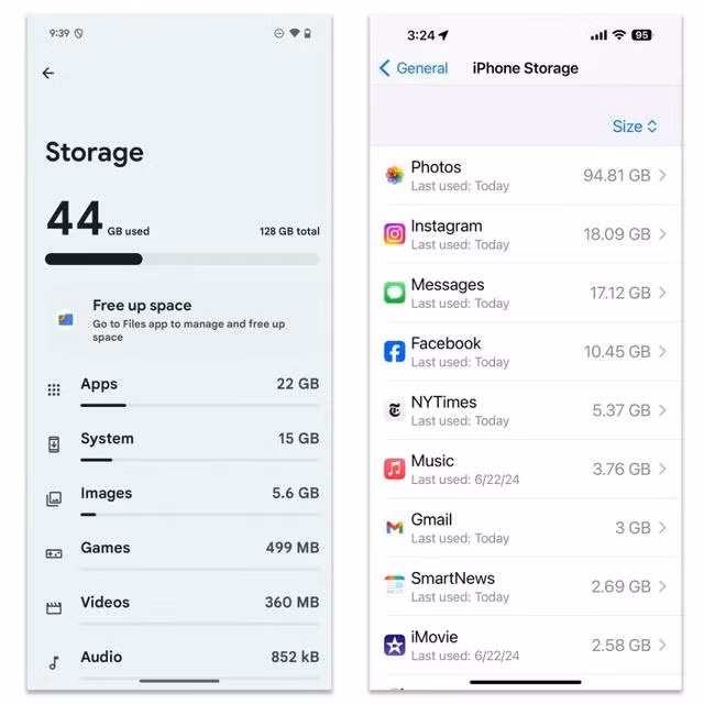 Khu vực Storage sẽ hiển thị ứng dụng nào đang chiếm dung lượng