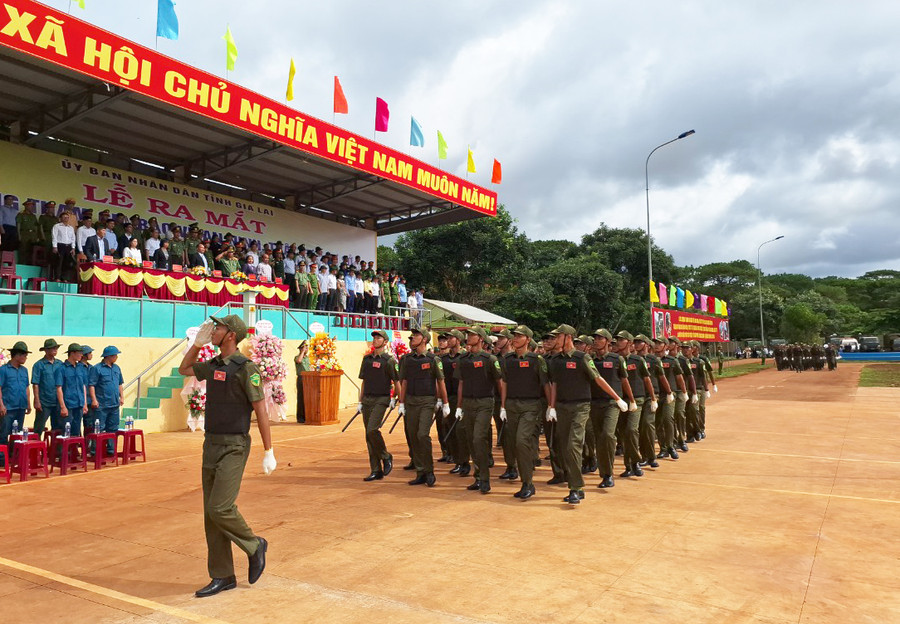 Đại diện lực lượng tham gia bảo vệ an ninh, trật tự ở cơ sở diễu binh tại lễ ra mắt. Ảnh: T.D