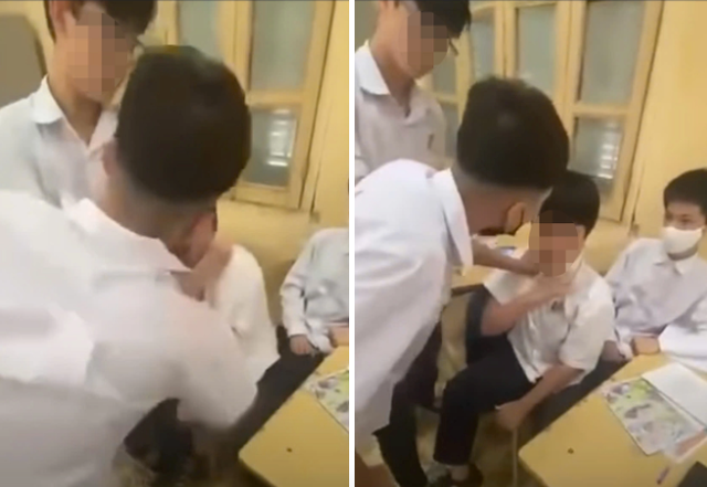 Nam sinh lớp 10 bị bạn đánh dã man ngay trên lớp học. Ảnh chụp từ clip