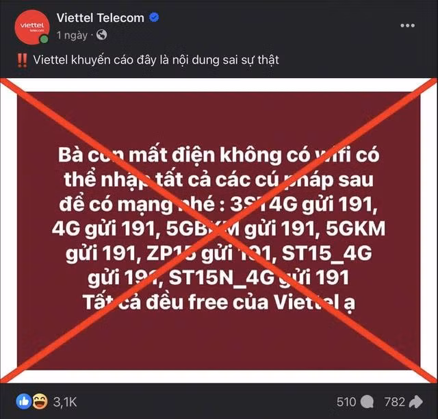 Trang chủ Facebook của nhà mạng Viettel cảnh báo người dùng về tin giả nhập cú pháp gửi 191 để dùng mạng miễn phí