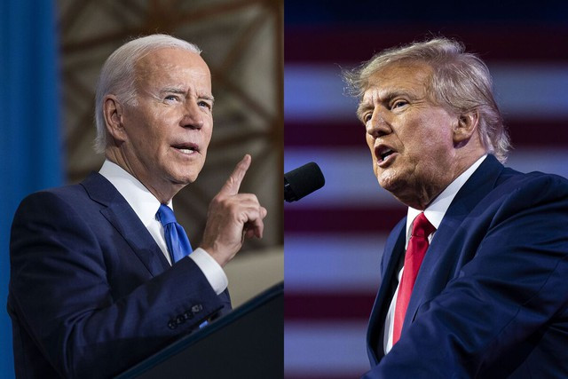 Tổng thống Joe Biden và cựu Tổng thống Donald Trump cùng vận động tranh cử tại bang chiến địa Georgia vào ngày 9-3. Ảnh: Bloomberg Tổng thống Joe Biden và cựu Tổng thống Donald Trump cùng vận động tranh cử tại bang chiến địa Georgia vào ngày 9-3. Ảnh: Bloomberg