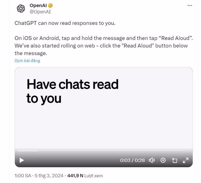 ChatGPT thêm tính năng Read Aloud có thể đọc câu trả lời của nó