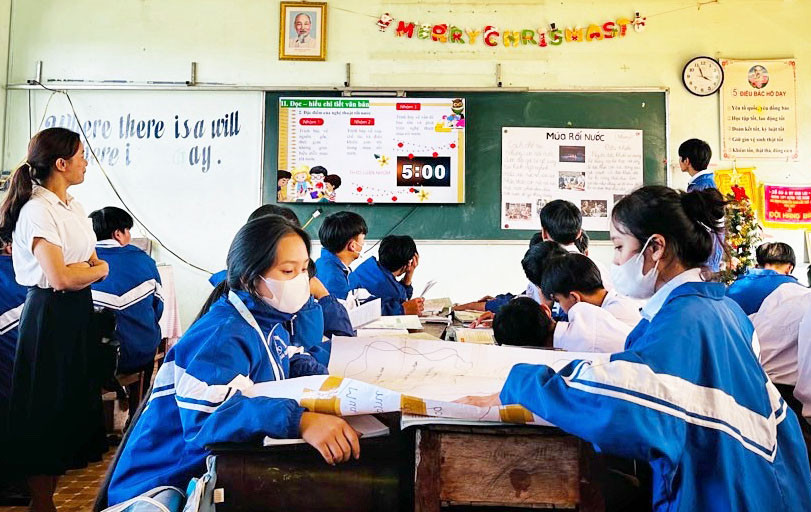 Học sinh trình bày sản phẩm của mình trong giờ học tích hợp lồng ghép kỹ năng sống. Ảnh: H.N Học sinh trình bày sản phẩm của mình trong giờ học tích hợp lồng ghép kỹ năng sống. Ảnh: H.N