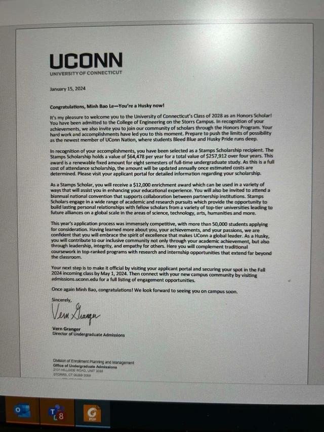 Thư thông báo của UConn gửi Lê Minh Bảo Thư thông báo của UConn gửi Lê Minh Bảo