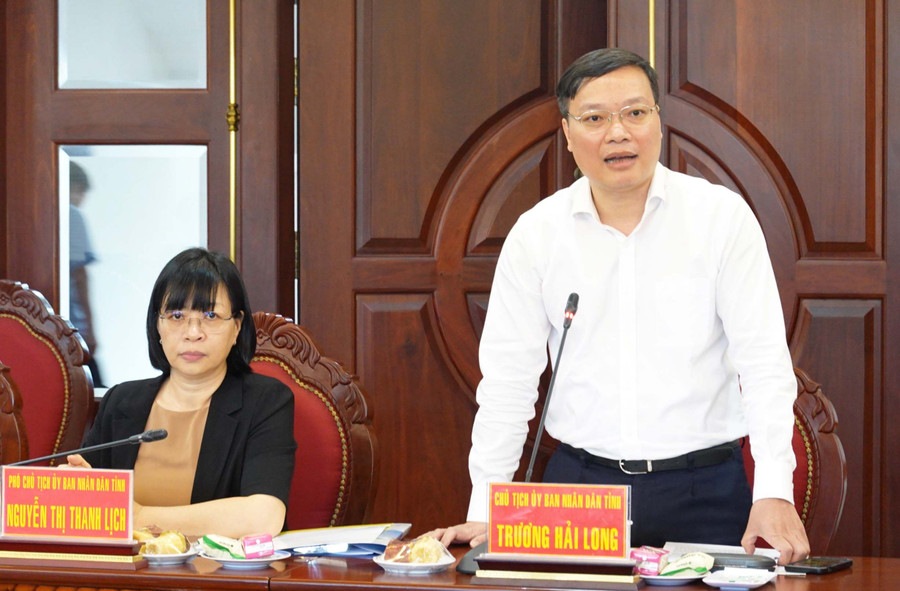 Phó Bí thư Tỉnh ủy, Chủ tịch UBND tỉnh Trương Hải Long phát biểu tại buổi làm việc. Ảnh: Hồng Thi