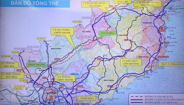 Bản đồ hướng tuyến dự án cao tốc Gia Nghĩa (Đắk Nông)-Chơn Thành (Bình Phước). Ảnh: Dương Giang/TTXVN