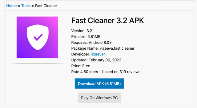 Ngân hàng Việt Nam cảnh báo cảnh báo ứng dụng Android độc hại - Ảnh 1. Ứng dụng Fast Cleaner chứa trojan Xenomorph được phát tán trên nhiều website. Ảnh: Chụp màn hình