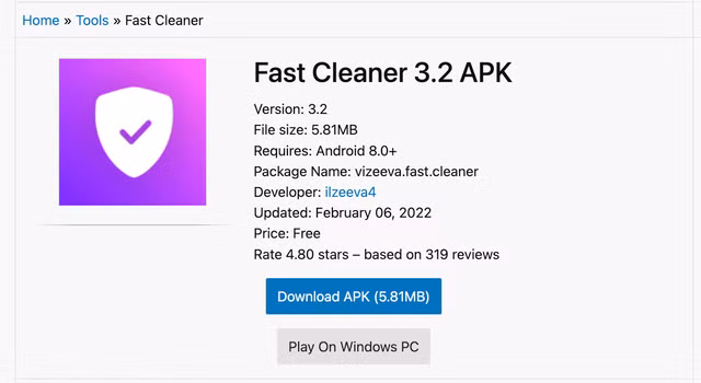 Ứng dụng Fast Cleaner chứa trojan Xenomorph được phát tán trên nhiều website. Ảnh: Chụp màn hình