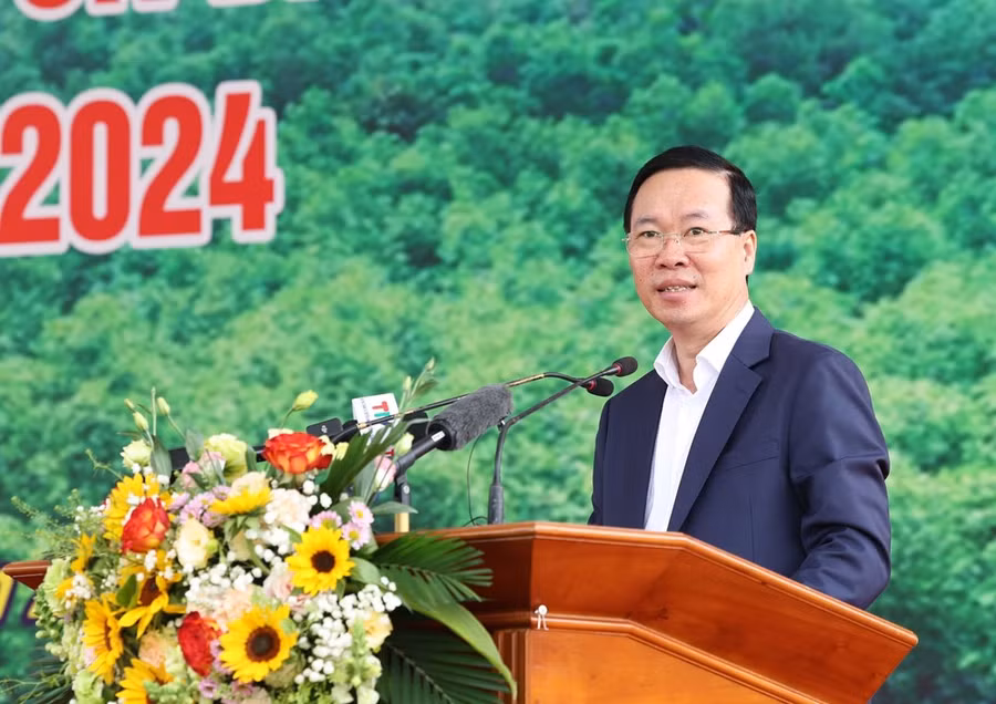 Chủ tịch nước Võ Văn Thưởng phát biểu tại Lễ phát động Tết trồng cây “Đời đời nhớ ơn Bác Hồ” Xuân Giáp Thìn 2024. Ảnh: Thống Nhất/TTXVN