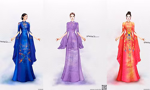 Các mẫu thiết kế áo dài tôn vinh thắng cảnh Biển Hồ, núi lửa Chư Đang Ya và thác Phú Cường (ảnh nhân vật cung cấp).