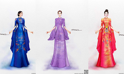 Các mẫu thiết kế áo dài tôn vinh thắng cảnh Biển Hồ, núi lửa Chư Đang Ya và thác Phú Cường (ảnh nhân vật cung cấp). Các mẫu thiết kế áo dài tôn vinh thắng cảnh Biển Hồ, núi lửa Chư Đang Ya và thác Phú Cường (ảnh nhân vật cung cấp).