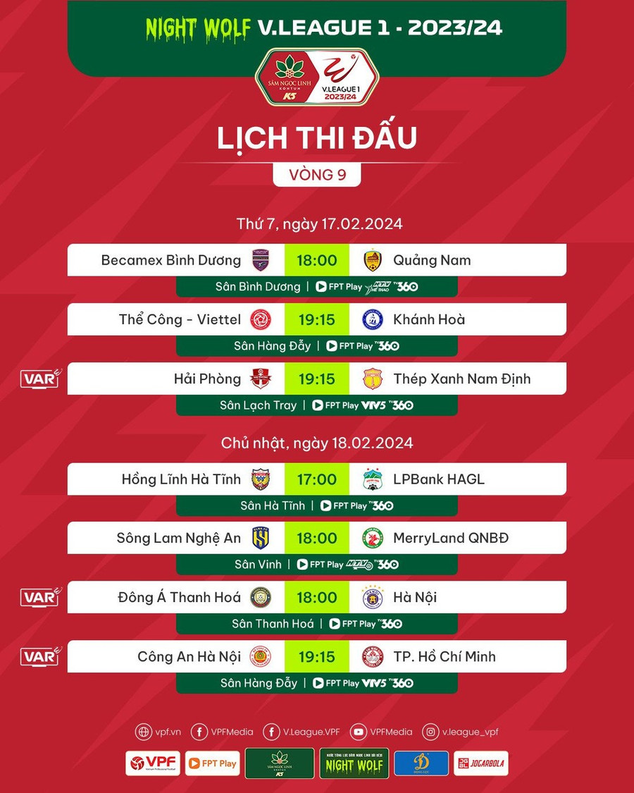 Lịch thi đấu vòng 9 Giải Vô địch Quốc gia V-League 2023/24. Ảnh: VPF Lịch thi đấu vòng 9 Giải Vô địch Quốc gia V-League 2023/24. Ảnh: VPF