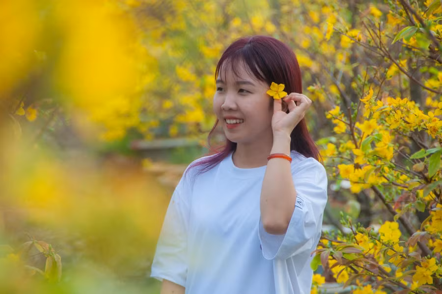 Tiến thích chụp ảnh về tết, những cây mai nở...