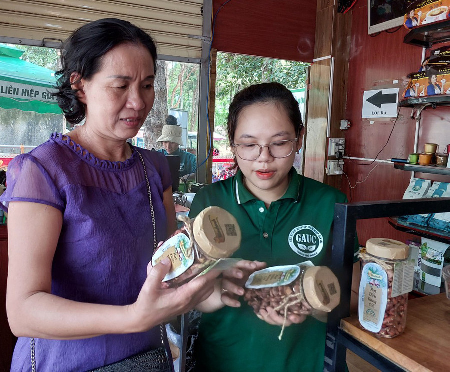 Du khách tìm hiểu sản phẩm hạt điều rang củi Hải Bình Gia Lai tại điểm bán hàng khu du lịch Biển Hồ. Ảnh: N.D Du khách tìm hiểu sản phẩm hạt điều rang củi Hải Bình Gia Lai tại điểm bán hàng khu du lịch Biển Hồ. Ảnh: N.D