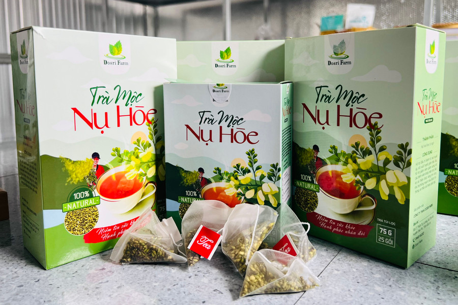 Sản phẩm trà mộc nụ hòe của chị Phùng Thị Mỹ Lên. Ảnh: M.N Sản phẩm trà mộc nụ hòe của chị Phùng Thị Mỹ Lên. Ảnh: M.N