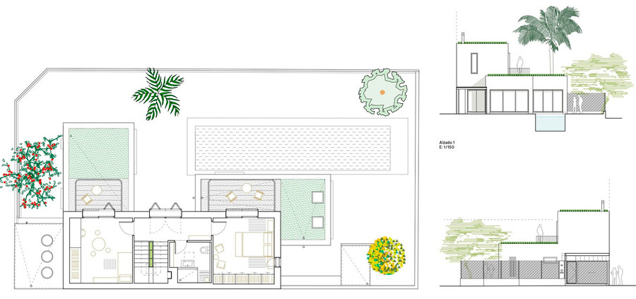 Để giảm nhiệt cho ngôi nhà vào mùa hè, KTS ứng dụng “Hiệu ứng bình đất nung” bằng cách lấy nước mưa từ mái nhà, tưới nhỏ giọt lên sân thượng.