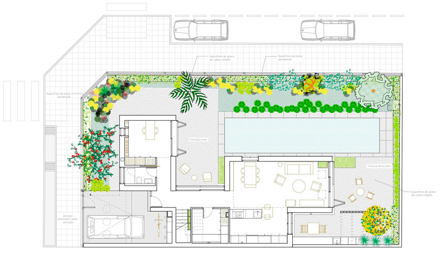 Để giảm nhiệt cho ngôi nhà vào mùa hè, KTS ứng dụng “Hiệu ứng bình đất nung” bằng cách lấy nước mưa từ mái nhà, tưới nhỏ giọt lên sân thượng.