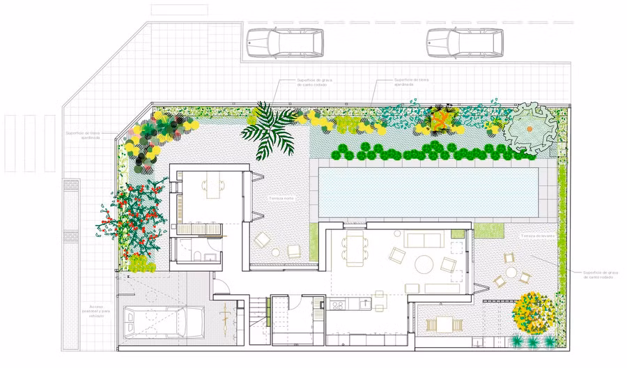 Để giảm nhiệt cho ngôi nhà vào mùa hè, KTS ứng dụng “Hiệu ứng bình đất nung” bằng cách lấy nước mưa từ mái nhà, tưới nhỏ giọt lên sân thượng.