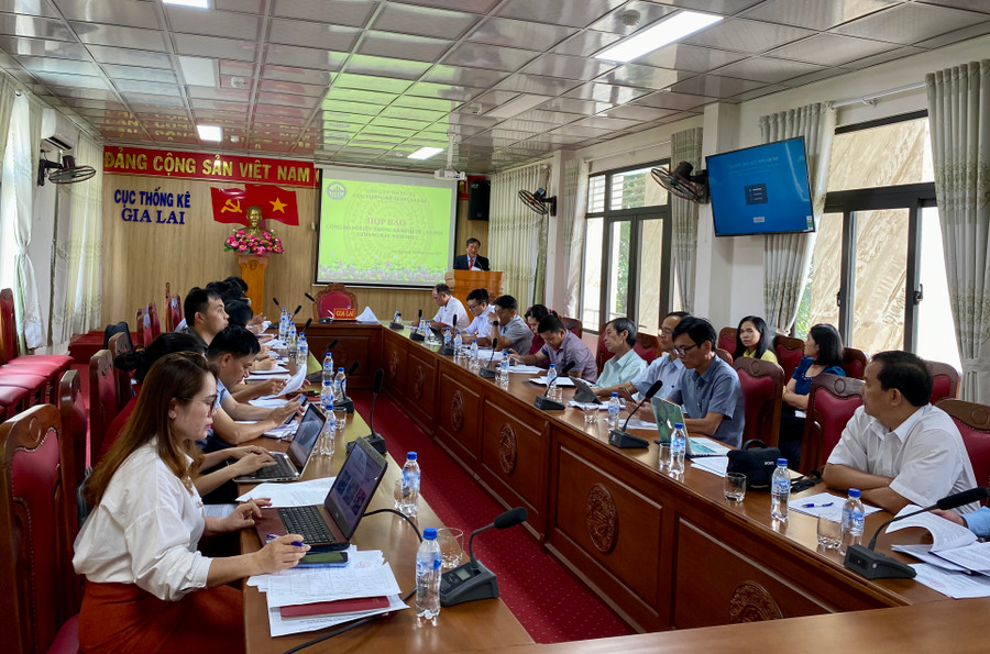 Cục Thống kê tỉnh Gia Lai tổ chức buổi họp báo trực tiếp và trực tuyến công bố số liệu thống kê kinh tế-xã hội 6 tháng đầu năm 2023. Ảnh: Hà Duy