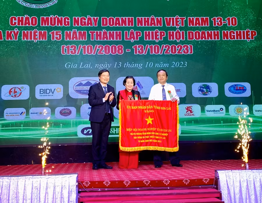 Đồng chí Trương Hải Long-Chủ tịch UBND tỉnh tặng Cờ “Vì sự nghiệp xây dựng và bảo vệ tỉnh Gia Lai” cho Hiệp hội Doanh nghiệp tỉnh. Ảnh: Hà Duy