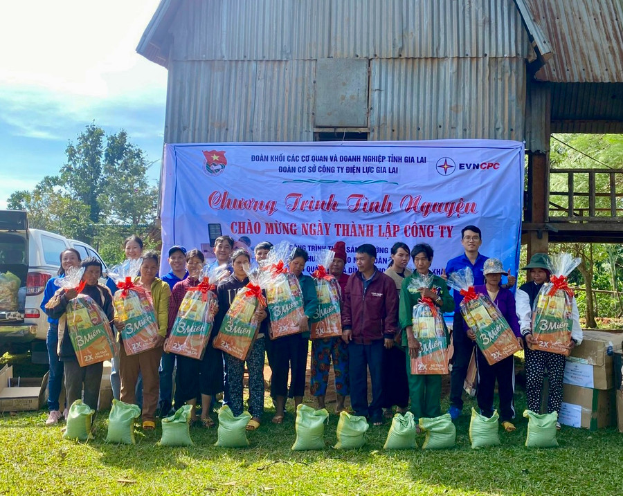 Đoàn Cơ sở Công ty Điện lực Gia Lai tặng 20 suất quà cho các hộ gia đình có hoàn cảnh khó khăn tại làng Rồi (xã Ia Phí, huyện Chư Păh). Ảnh: H.D