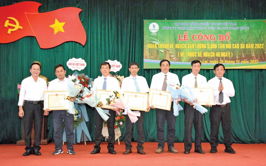 Ông Trần Thanh Phụng (bìa trái, Phó Tổng Giám đốc VRG) trao bằng khen cho các nông trường về đích trước kế hoạch. Ảnh: Đinh Yến Ông Trần Thanh Phụng (bìa trái, Phó Tổng Giám đốc VRG) trao bằng khen cho các nông trường về đích trước kế hoạch. Ảnh: Đinh Yến