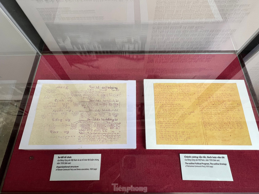 Sơ đồ tổ chức của Đảng Cộng sản Việt Nam và các hội quần chúng (trái) và bản sao Chính cương, sách lược vắn tắt của Đảng.