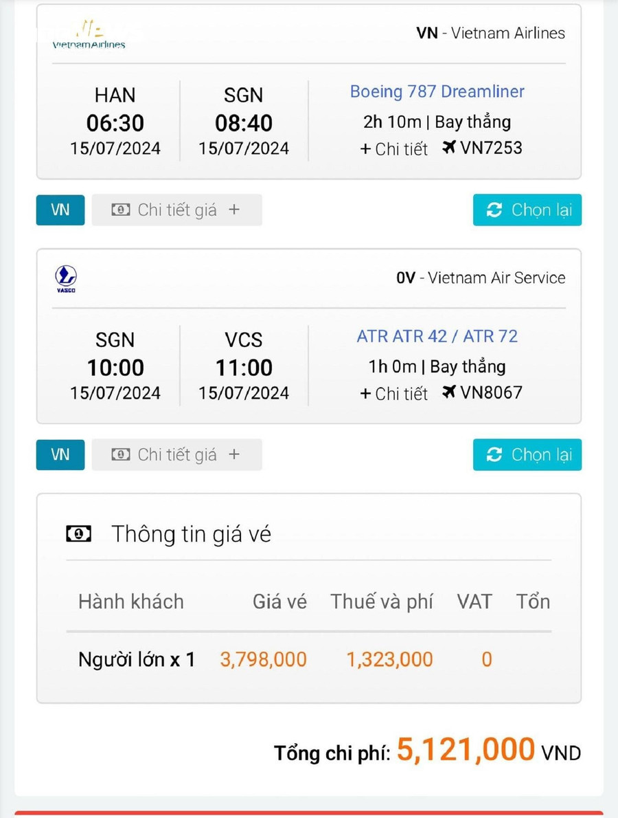 Vé máy bay chặng Hà Nội Côn Đảo lên đến hơn 5 triệu đồng. (Ảnh chụp màn hình) Vé máy bay chặng Hà Nội Côn Đảo lên đến hơn 5 triệu đồng. (Ảnh chụp màn hình)