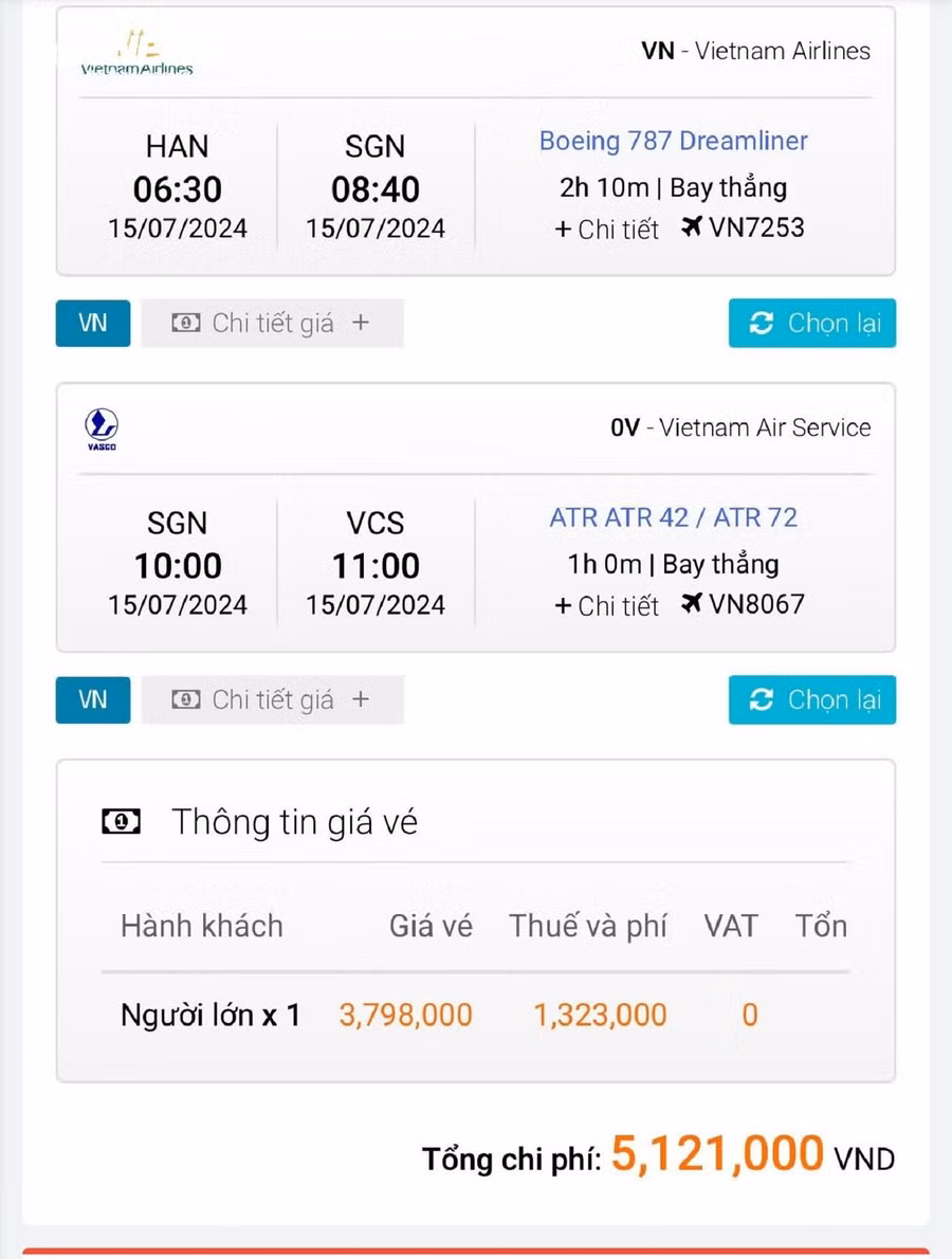 Vé máy bay chặng Hà Nội Côn Đảo lên đến hơn 5 triệu đồng. (Ảnh chụp màn hình)